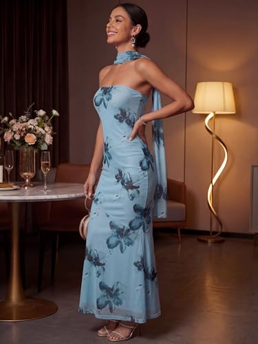 Image of LUXVEER Women's Strapless Tube Dress Mesh Floral Summer Bodycon Long Maxi Cocktail Party Wedding Guest Dresses with Scarf