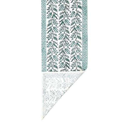 Image of BLOCKS OF INDIA Hand Block Printed Cotton Table Runner, Mat and Napkin Set of 13 pc for Center /Dining Table (Green Bel)