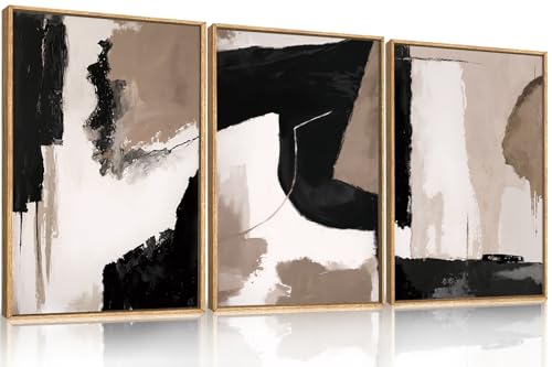 DRACIT Large Modern Abstract Framed Canvas Wall Art Set, Neutral Black and Beige Color Block Wall Decor,Minimalist Pastel Tan Art Printing for Living Room,Bedroom,Office-16 x24 x3
