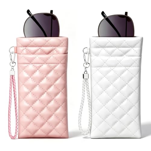 Image of Double Eyeglass Case Squeeze Top Glasses Pouch, Leather Soft Sunglasses Case with Carrying Strap
