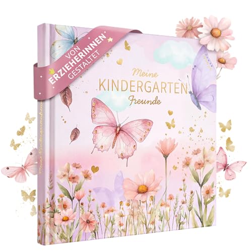 EULENTALER® Freundebuch Kindergarten Mädchen I Von Erzieherinnen gestaltet I Handgemalte Schmetterlingen I Kinderfreundliche Gestaltung I Mit Goldprägung I Freundschaftsbuch Schmetterling