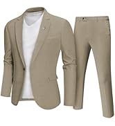 MY'S Men's 2 Piece Regular Fit Linen Suit Set, One Button Lightweight Jacket Pants for Business, ...