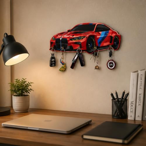 Image of Webelkart MDF UV Printed Key Holder for Wall with 5 Hooks - Decorative Wooden Key Hanger Organizer for Home, Office, Entryway - Wall Mounted Key Stand (12 INCHES) (Red)