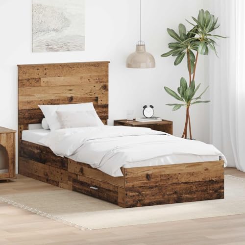 Tonture Marco de cama con cabecero de madera envejecida de 90 x 190 cm, cama individual resistente con somier, cajones de almacenamiento, muebles modernos para dormitorio