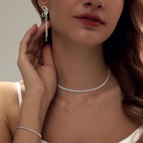 Image of HAXIYA Tennis Necklace Bracelet for Women, Sterling Sliver Jewelry Set, Silver /Gold Chocker Necklace, Crystal Bracelet for Women, Wedding Jewelry for Bride, Sparkly Party Prom Hypoallergenic