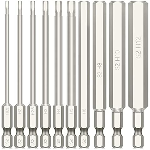 10PCS 100MM Metric Allen Key Hex Screwdriver Bit Set, 1/4 Inch Hex Shank Allen Wrench Drill Bit Set, 1.5MM-12MM Magnetic Quick Release Extension Bit Holder Set for Assembling IKEA Furniture(Silver) Cover