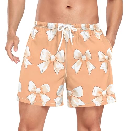 xigua White Bows Mens Swim Trunks with Liner, 5 inch Quick Dry Mens Boardshorts for Beach
