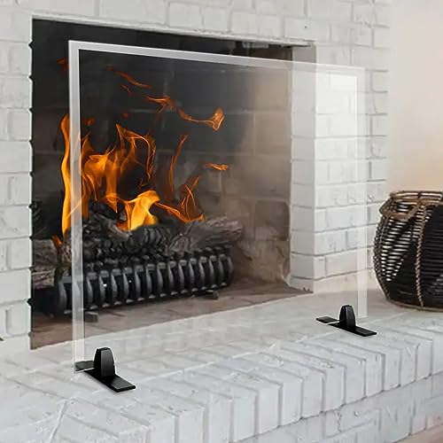 Image of Tempered Glass Fireplace Screen, 26 inch x 36 inch, Black Base, Modern Frameless