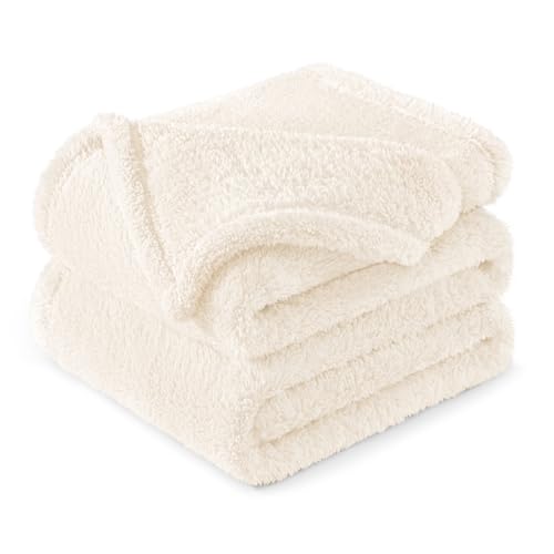 Exclusivo Mezcla Plaid Couverture Polaire, Peluche Velours, Moelleuse et Chaude, pour Canapé ou Lit, Toutes Les Saisons, 130x150 CM, Ivoire