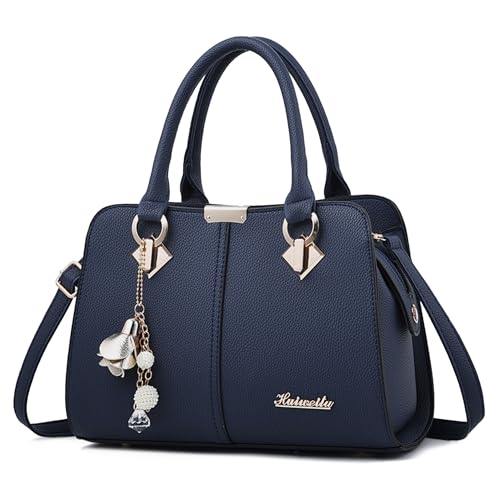 FORRICA Handtaschen Damen Elegant Henkeltasche mit Schön Anhänger Mode Frauen Schultertasche PU Leder Umhängetasche für Einkaufen Pendeln Blau