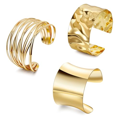 3Pcs Chunky Gold Cuff Bracelets Open Wide Bangle Bracelets Set for Women Minimalist Irregular Bracelet Statement Wrist Cuff Wrap Bracelet Jewelry