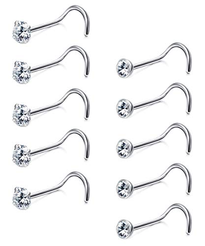 Sllaiss 10 Stücke Korkenzieher Nasenstecker Sets with Österreich Kristall Klein Nasenpiercing für Frauen Männer 316L Edelstahl Nasenstecker Set Körperschmuck 1.5/2 MM Cover