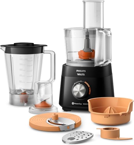Philips Walita Multiprocessador PowerChop 5000, 1000W, 2 Velocidades + Pulsar, 6 Acessórios Inclusos, Jarra de 2L, Tecnologia PowerChop, Design Compacto, Preto, 220V (HR7304/90)