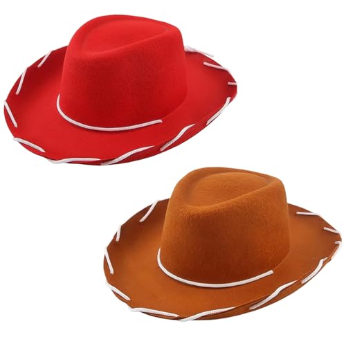 Red Cowgirl Hat Brown Felt Cowboy Hat 2Pcs Western Sheriff Costume Hats for Men Women Wild West Rodeo Halloween Cosplay Themed Party