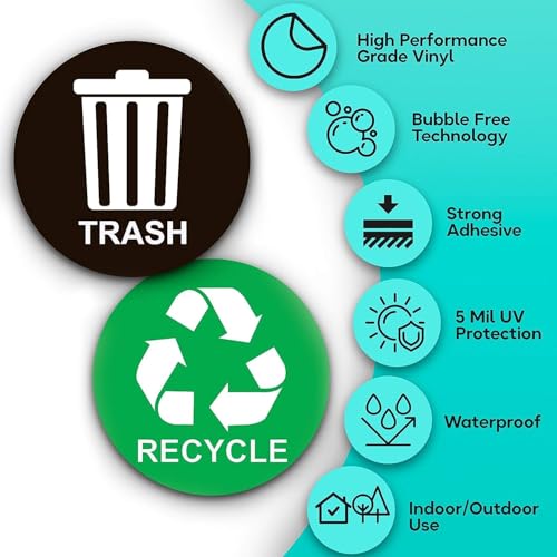 Image of ASSURED SIGNS Recycle Stickers for Trash Bins - 4 Pack 5 Inch Round Labels