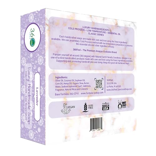 360Feel Lavender Soap -5oz Castile Handmade Soap bar - Lavender floral fragrance - Pure Lavender Essential Oil Natural Soaps- Great as Anniversary Wedding Gifts Christmas stocking stuffer