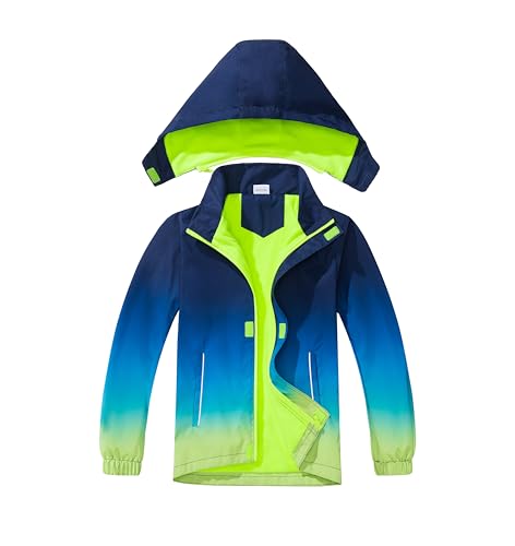 BuyiRen Windjacke für Jungen und Mädchen, Regenjacke, mit Kapuze, Fleece-gefüttert, Regenmäntel für Kinder, 9-10 Years