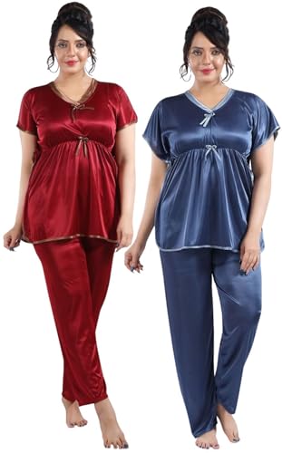 Image of Fabme Women's Satin Plain Kaftan Top & Pyjama Set