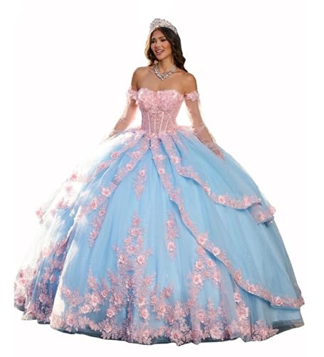 3D Floral Tulle Quinceanera Dresses with Detachable Sleeves Off Shoulder Puffy Sweet 16 Dresses Princess Prom Gown