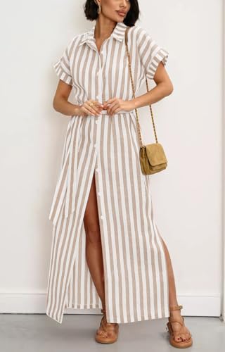 Image of chouyatou Women's Summer Short Sleeve Striped Shirt Dress Beach Maxi Long Belted Casual Button Down Dress
