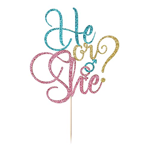 Kaoenla He Or She Cake Topper - Blue And Pink Glitter Baby Shower, Gender Reveal, Boy Or Girl Happy Birthday Party Decoration (Blue And Pink) #TOP2