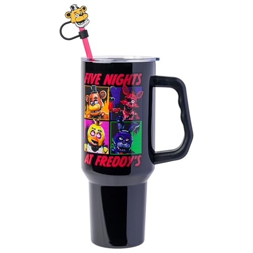 Silver Buffalo Five Nights At Freddys Stainless Steel Tumbler with Straw Cover Cap Straw Lid and Handle Featuring Freddy Chica Foxy and Bonnie Fits in Standard Cup Holder 40 Ounces
