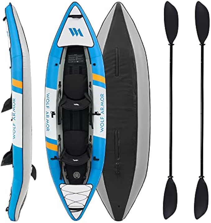 Wolf Armor Inflatable Recreational Touring Kayak with EVA Padded Seats, 2 Person Tandem Inflatable Kayak with All The Accessories, Lake, River, and Ocean Kayaks Boat for Fishing, Travel, and Adventur