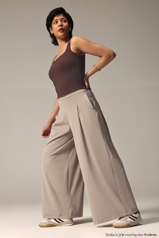 Image of BlissClub Womens Cloud Box Pleat Pants - Regular Wide-Leg Korean Style Pants Lightweight 4-Way Stretch Trousers with Deep Pockets (for Women Upto 5'4)