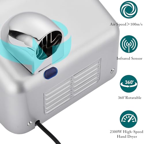 KSITEX Handtrockner Kommerziell, Schneller Elektrischer Händetrockner wandmontiert, 2300W, Automatischer Sensor, für Toilette, Bad (2300W)