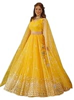 Fashion Basket Women's Net Semi-Stitched Yellow Lehenga Choli
