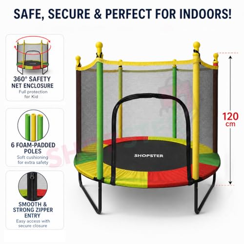 Image of Shopster 55 inch Kids Silent Trampoline with Safety Enclosure Net & Spring Pad, Indoor & Outdoor Powerful Loading Capacity for Children