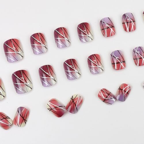 24Pcs Short Press on Nails Gradient Fake Nails Square False Nails with Halo Dyed Lines Designs Acrylic Nails Full Cover Glue on Nails Reusable Artificial Nails Stick on Nails for Women and Girls - Image 4