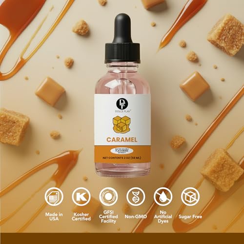 Dolce Flav Natural Caramel Extract - 2 Ounce Water-Soluble Multipurpose Flavoring Ideal for Baked Goods, Beverages, Coffee, Desserts & Ice Cream - Perfect Kitchen Gift for Holidays