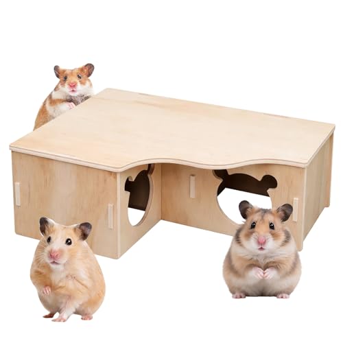 YFHUVB Cosy Critters Hamster House - Wooden Hamster Hide Multi Chamber Hideout 3 Room Small Animal House for Syrian Hamsters Gerbils Easy Clean Cartoon Style