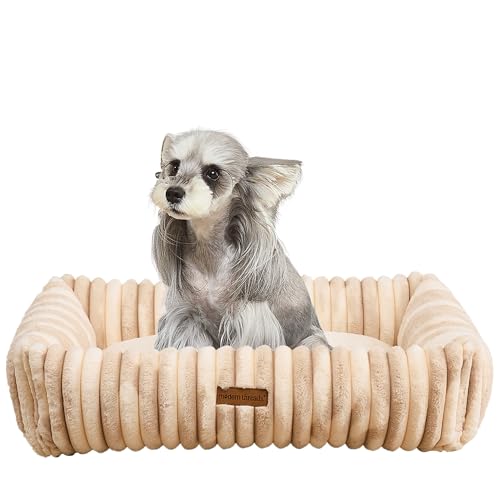 Image of Modern Threads Ribbed Plush Two-Tone Cuddler Dog Bed, Ultra-Soft Faux Rabbit Fur, Supportive Bolstered Sides, Removable Washable Cover, Bed for Medium Dogs, Cream, (28 inch L x 21 inch W x 9 inch Th)