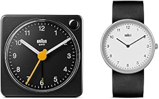 Braun Geschenkset Analog Quarzuhr mit schwarzem Zifferblatt, schwarzem Silikonkautschukband und Zwei Zeigern Classic Reise Analogwecker in Schwarz, Modell BN0231WHBLKG, BC02XB (2er Pack)