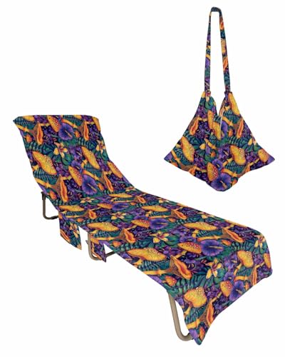 Mushroom Beach Lounge Chair Towel Cover, Soft Chaise Lounge Towel with Side Pockets Patio Pool Chairs Cover for Beach/Pool Sunbathing 29x85 Purple Turquoise Summer Botanical Flowers