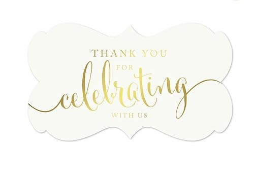 Andaz Press Fancy Frame Rectangular Label Stickers, Thank You for Celebrating with Us, Metallic Gold Ink, 36-Pack Wedding Decorations, Wedding Favors, Stickers for Packaging, Party Favor