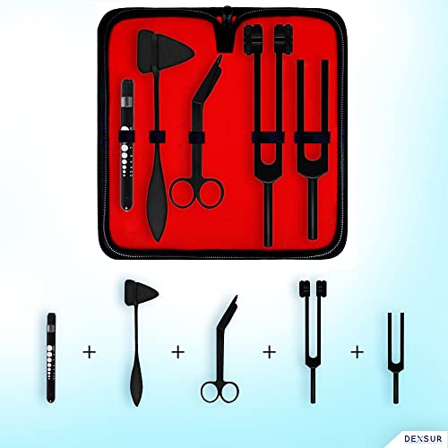 Dexsur Diagnostics Kit - Percussion Taylor Reflex Hammer + C 128 & C 512 Tuning Forks + Bandage Scissors + Pupil Gauge Pen Light In Carrying Case - 6 Pieces Set - Full Black #TOP6