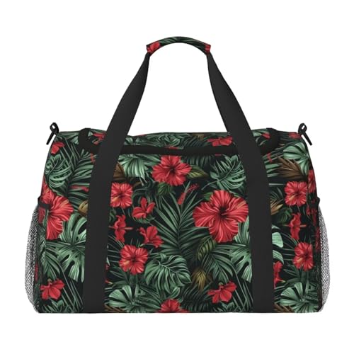 Red Hibiscus Duffle Bag for Travel Aloha Palm Leaf Monstera Tropical Carry on Bag Travel Bags for Men Canvas Travel Duffel Bag Carry On Luggage Bags Overnight Weekend Gym Bag