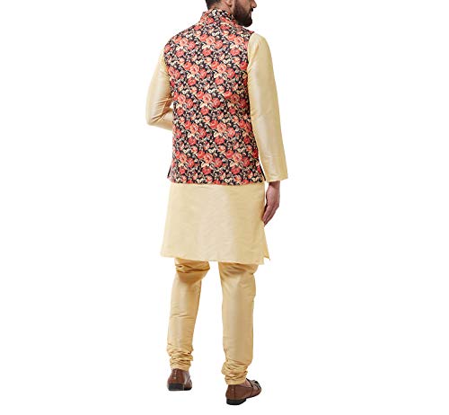 Image of SOJANYA (Since 1958 Men's Silk Blend Gold Kurta Pyjama & Printed Nehrujacket Combo