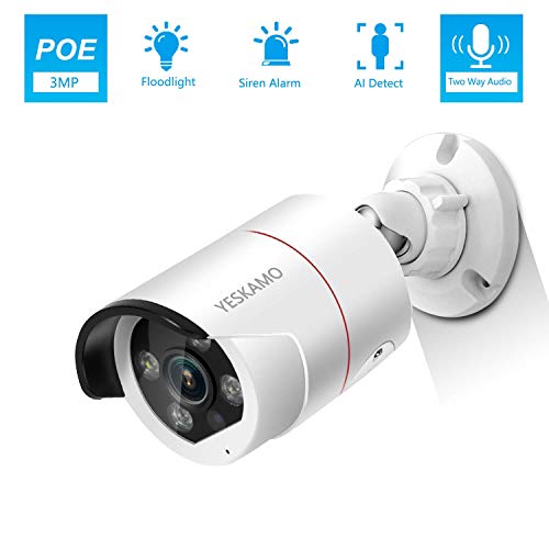 YESKAMO 3MP PoE Überwachungskameras mit Flutlicht, IP66 wasserfest IP Kamera mit Zweiwege Sperche & Audio Aufnahmen, AI Human Erkennung aktiviert Alarm, 30M Nachtsicht für Außen- oder Innenbereich