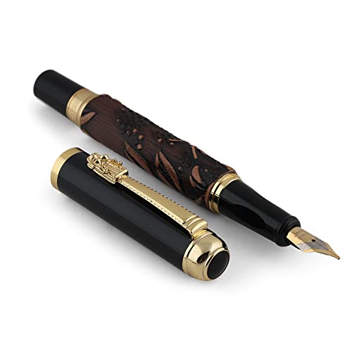 Image of 20319 Dikawen 891 Brown Grape Embossed Pattern With Golden Dragon Clip Metal Fountain Pen, Fine Nib, Include Ink Converter & Luxury Gift Box, Pen for Men & Women.