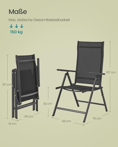 SONGMICS Gartenstuhl, faltbar, 2 Stück, Sitz, für den Außenbereich, Metallrahmen, Rückenlehne in 8 Positionen verstellbar, Tragfähigkeit 150 kg, Schwarz GCB29BK