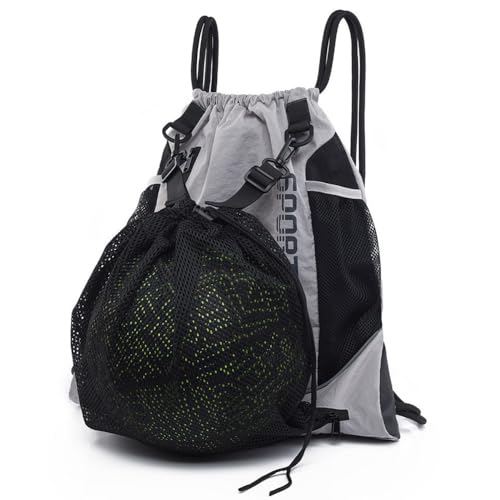 MiOYOOW Sports Drawstring Backpack, Waterproof Basketball Bag Large Gym Mesh Pockets for Outside Swimming Travel Beach