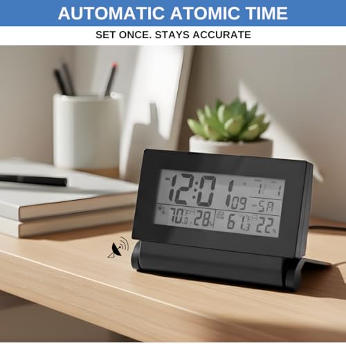 Digital Clock with Atomic RCC Time and Alarm | Indoor Temperature and Humidity Display | Wireless Sensor, Battery Operated with Blue Backlight for Bedroom or Desk - Image 3