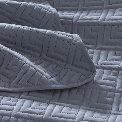 EXQ Home Quilt Set King Size Blue 3 Piece, Lightweight Soft Coverlet Modern Style Squares Pattern Bedspread Set for All Season(1 Quilt,2 Pillow Shams)