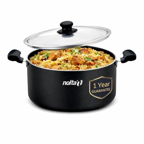 Image of Nolta HS Biryani Pot (7L) ISI Certified with 1yr Replace-Guarantee, PFOA-Free & Non-Toxic, Nonstick Coating Biriyani Maker Handi with Steel Lid (28cm, Black)