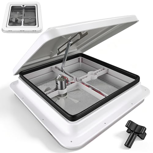420mm x 420mm Campervan Skylight Roof Vent with Built-in 12V Fan Fly Net for Caravan Van Roof Vent Motorhome RV Horsebox 350mm Cut-out White