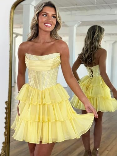 Sparkly Strapless Homecoming Dresses for Teens Tiered Chiffon Short Prom Dress A Line Mini Corset Cocktail Party Gown2